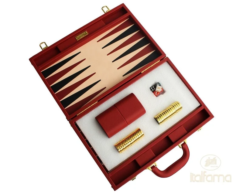 Backgammon luxe style cuir / pions cerclés dorés MM - Rouge