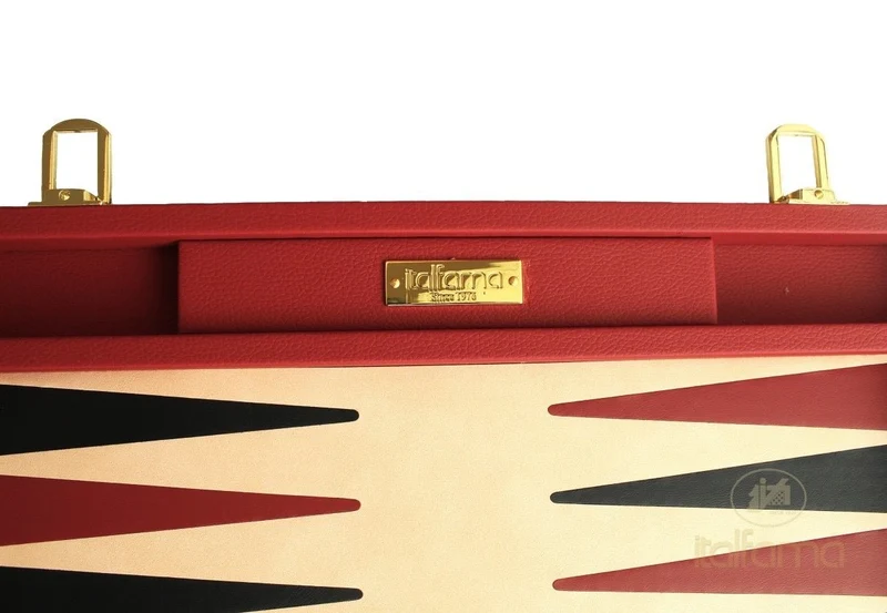 Backgammon luxe style cuir / pions cerclés dorés MM - Rouge
