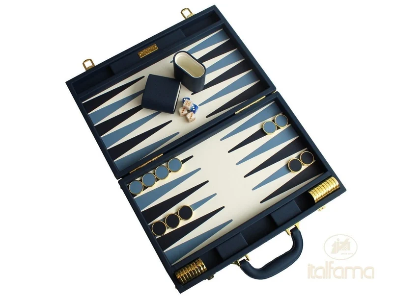 Backgammon luxe style cuir / pions cerclés dorés MM - Bleu