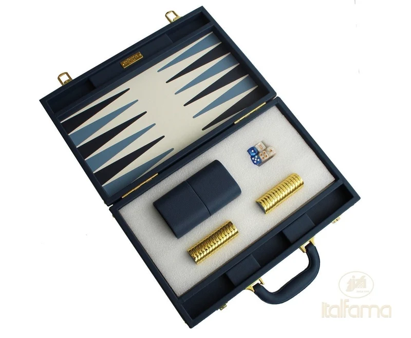 Backgammon luxe style cuir / pions cerclés dorés MM - Bleu