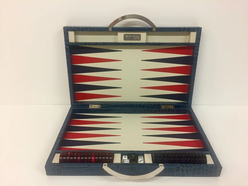 Backgammon en Cuir véritable MM - Bleu croco - Renzo Romagnoli