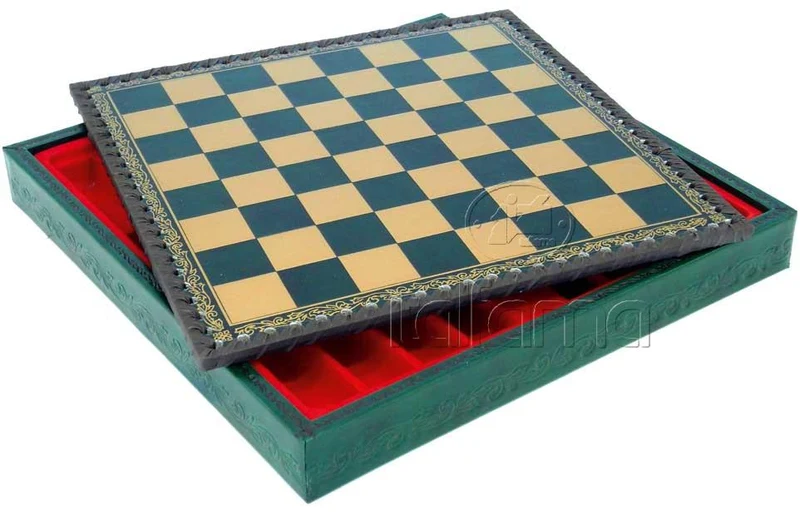 Plateau d'échecs / échiquier en cuir - coffre - Vert - Ital Fama