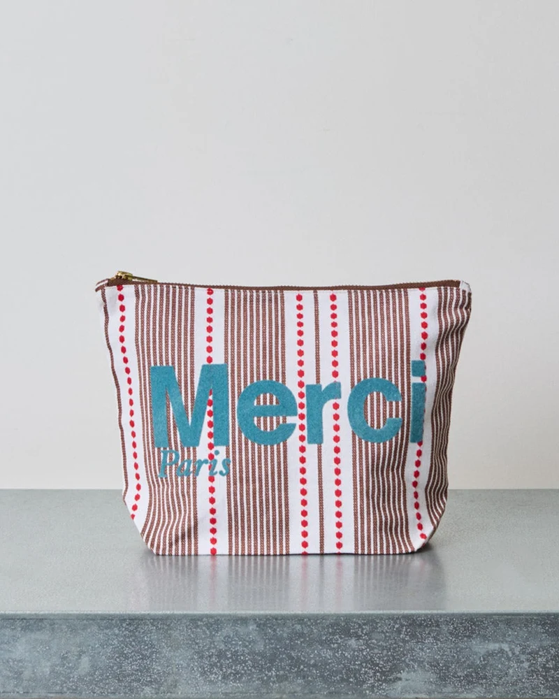 Merci - Pochette En Coton Hickory - Rouge Bleu & Marron