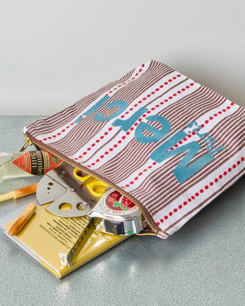 Merci - Pochette En Coton Hickory - Rouge Bleu & Marron
