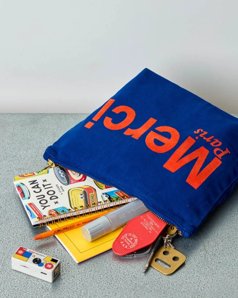 Merci - Pochette En Coton - Marine & Orange