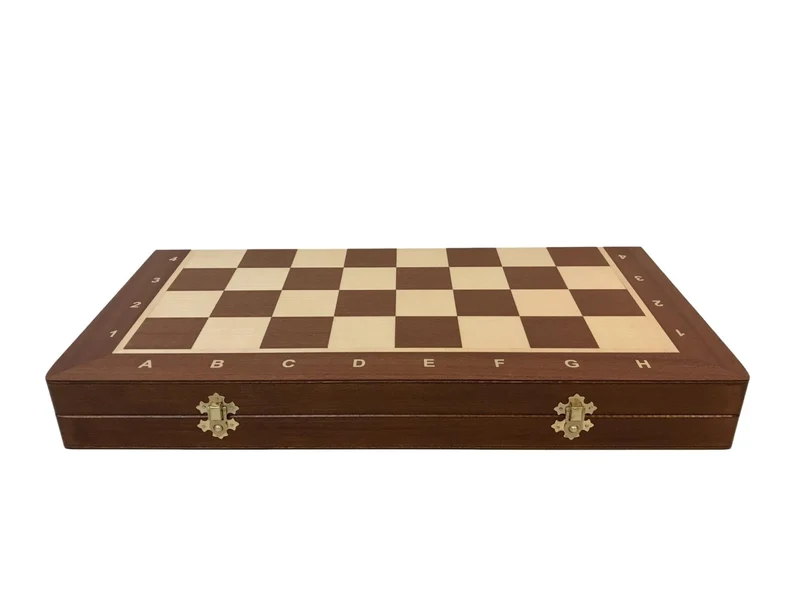 Ensemble jeu d'échecs en sycomore et acajou - Coffre pliant - Lettré chiffré