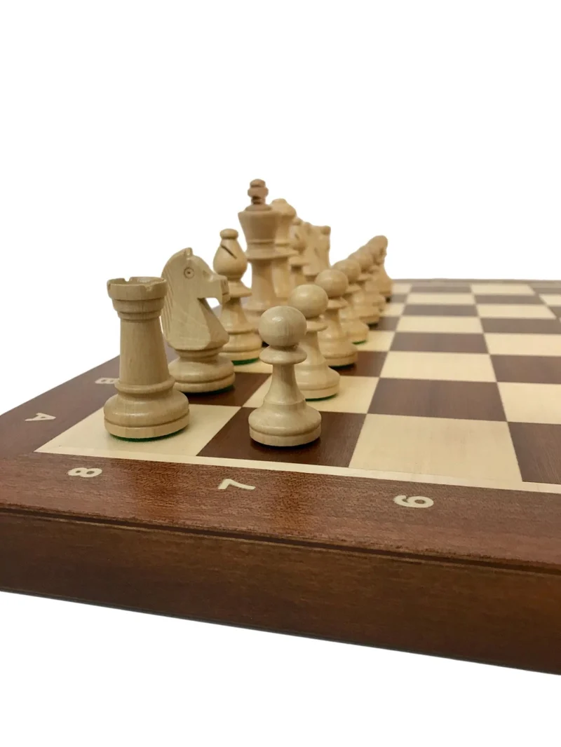 Ensemble jeu d'échecs en sycomore et acajou - Coffre pliant - Lettré chiffré