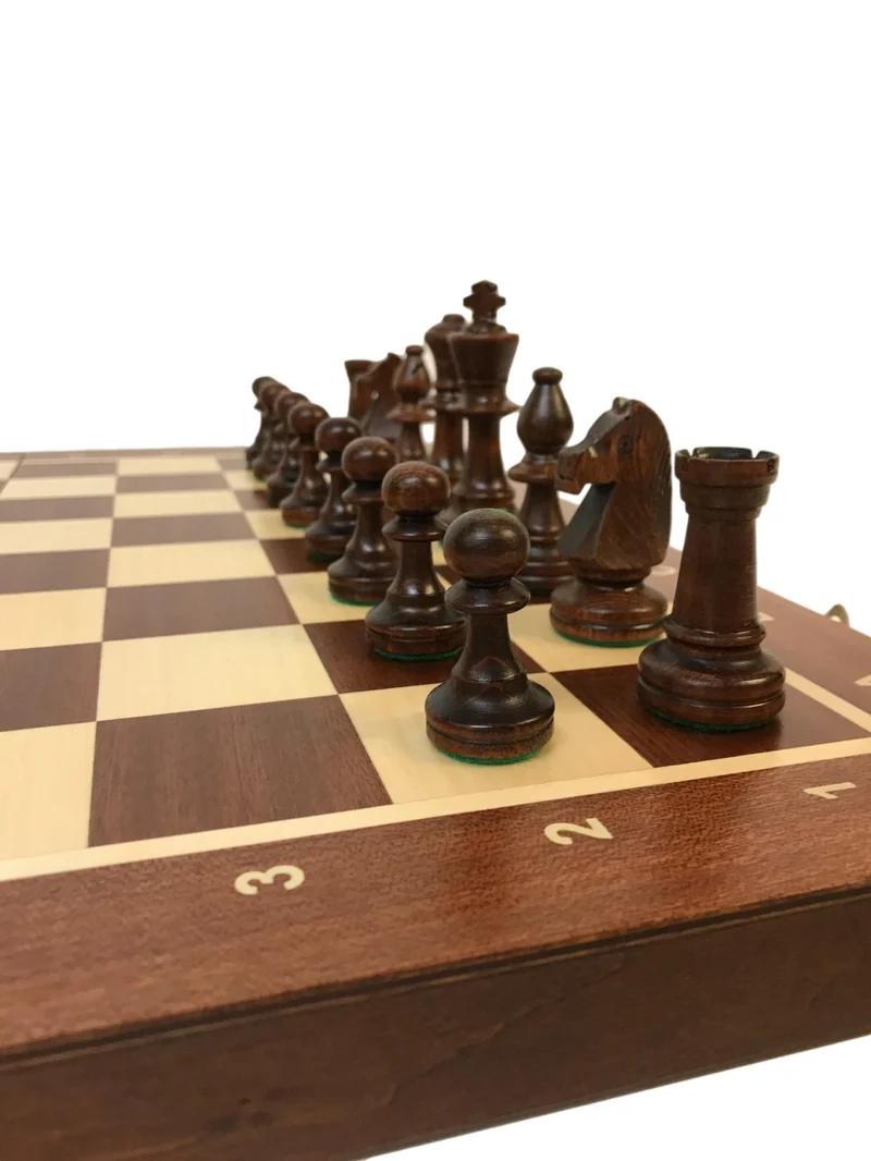 Ensemble jeu d'échecs en sycomore et acajou - Coffre pliant - Lettré chiffré