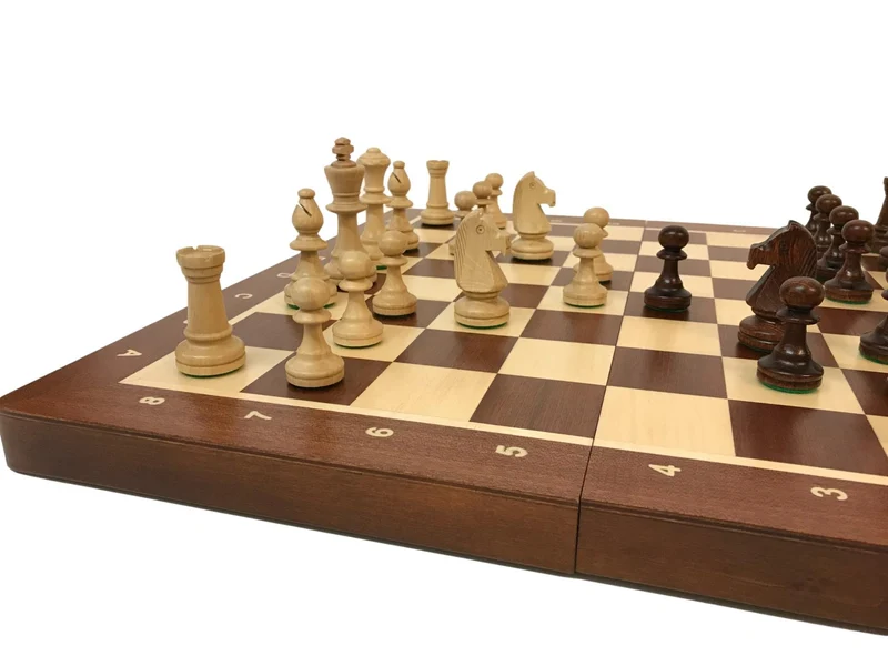 Ensemble jeu d'échecs en sycomore et acajou - Coffre pliant - Lettré chiffré