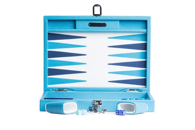 Backgammon Hector Saxe - Cuir Bleu ciel - Moyen