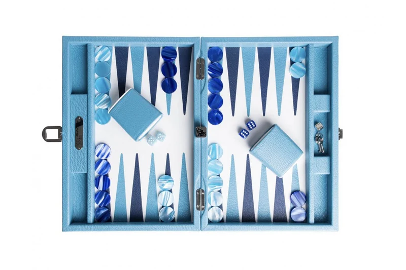 Backgammon Hector Saxe - Cuir Bleu ciel - Moyen