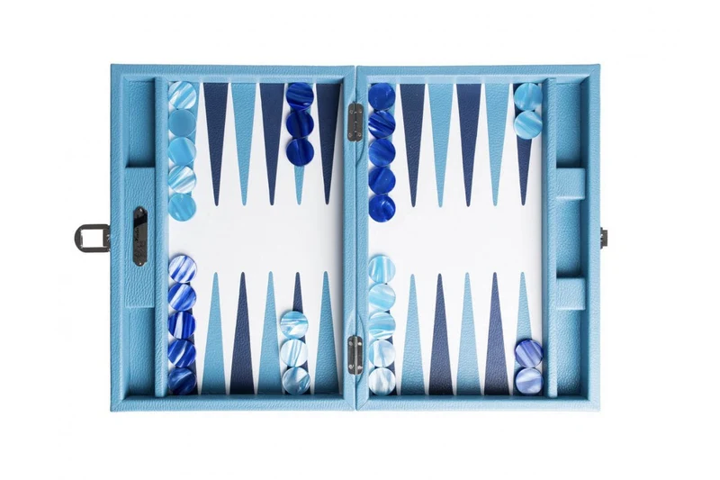 Backgammon Hector Saxe - Cuir Bleu ciel - Moyen