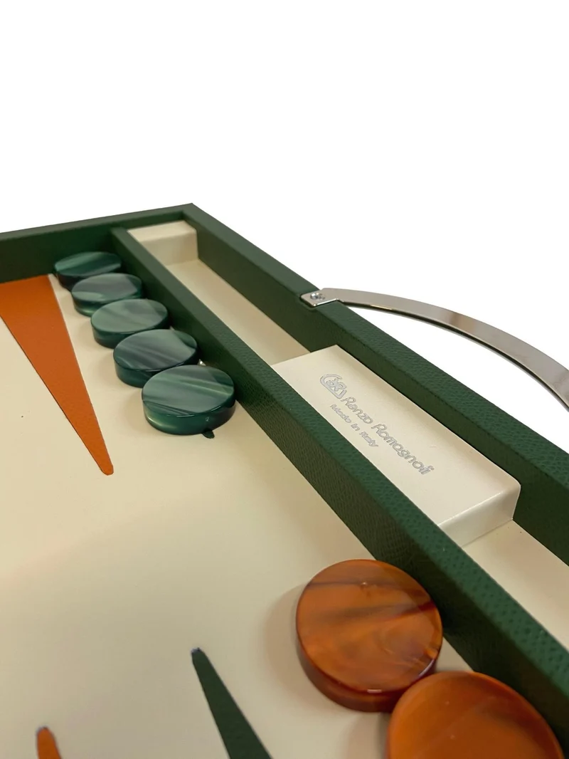 Backgammon en Cuir véritable MM - Vert/Orange - Renzo Romagnoli