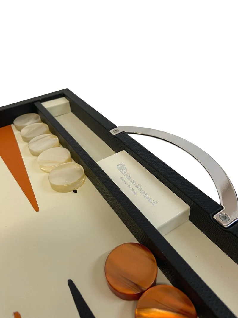 Backgammon en Cuir véritable MM - Noir / Orange - Renzo Romagnoli