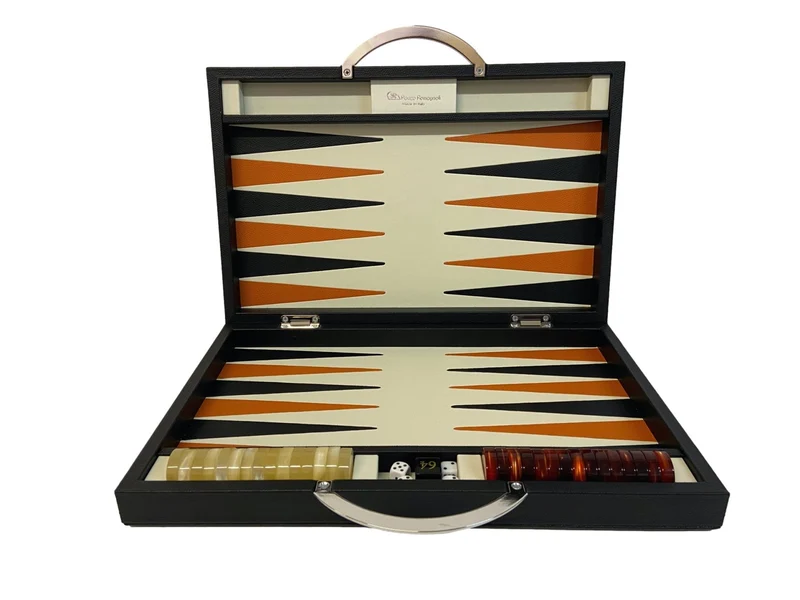 Backgammon en Cuir véritable MM - Noir / Orange - Renzo Romagnoli