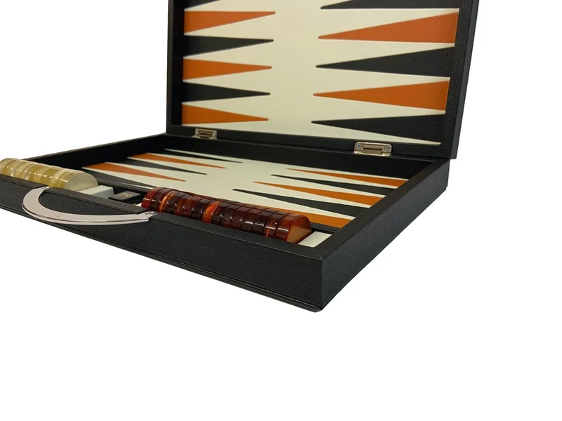 Backgammon en Cuir véritable MM - Noir / Orange - Renzo Romagnoli