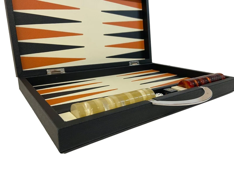 Backgammon en Cuir véritable MM - Noir / Orange - Renzo Romagnoli