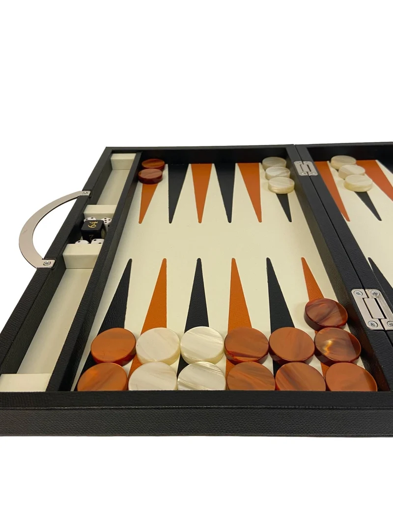 Backgammon Cuir véritable GM - Noir / Orange - Renzo Romagnoli