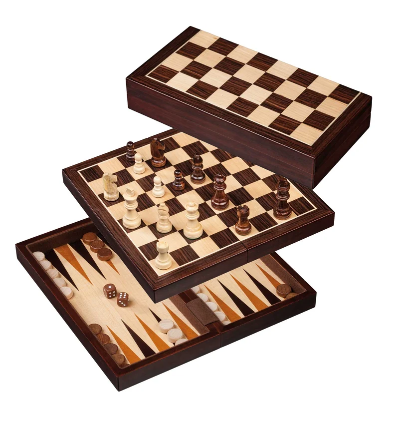 Ensemble jeu d'échecs / Backgammon de voyage en bois exotique - Magnétique - 28 cm