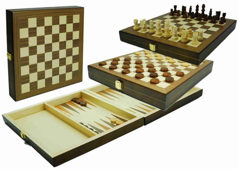 Coffret Multijeux Dames / Echecs / Backgammon - Noyer