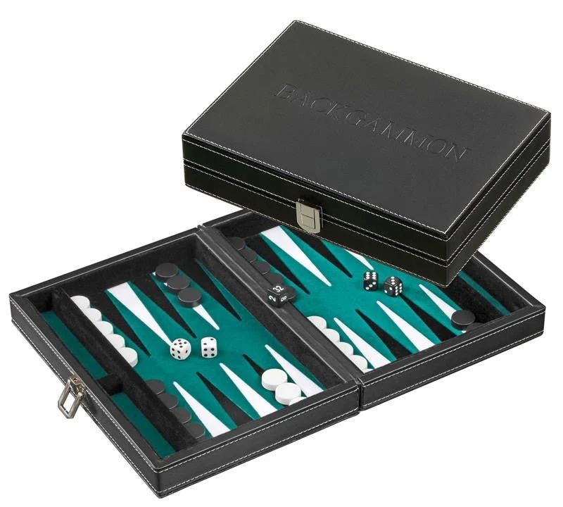 Backgammon de voyage - Style cuir noir / velour émeraude - Magnétique