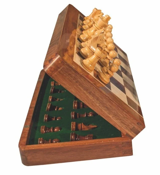Jeu d'échecs en palissandre et sycomore laqué - Coffre pliant - Magnétique