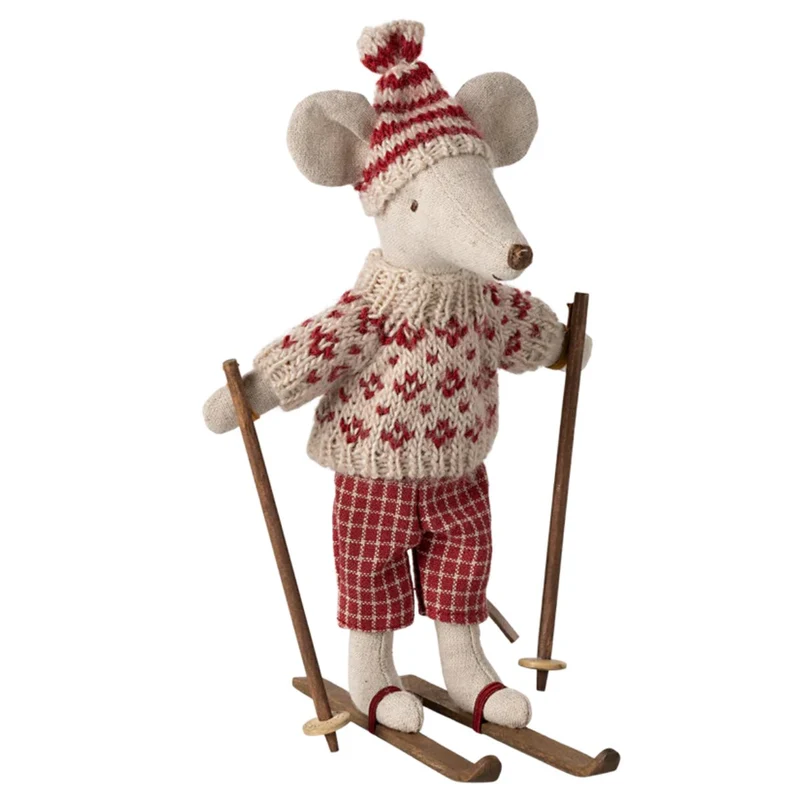 Souris D'hiver Avec Set De Ski Mum - Rouge
