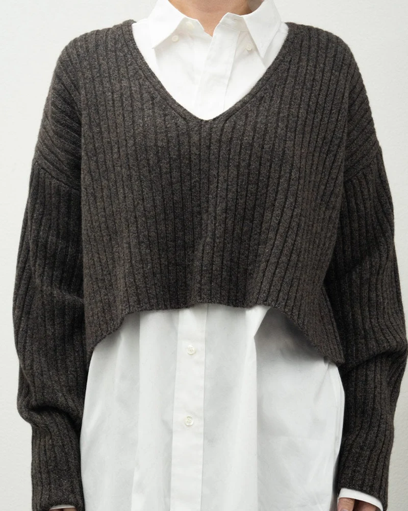 Ct Plage - Pull Col V Longsleeve Rib - Marron