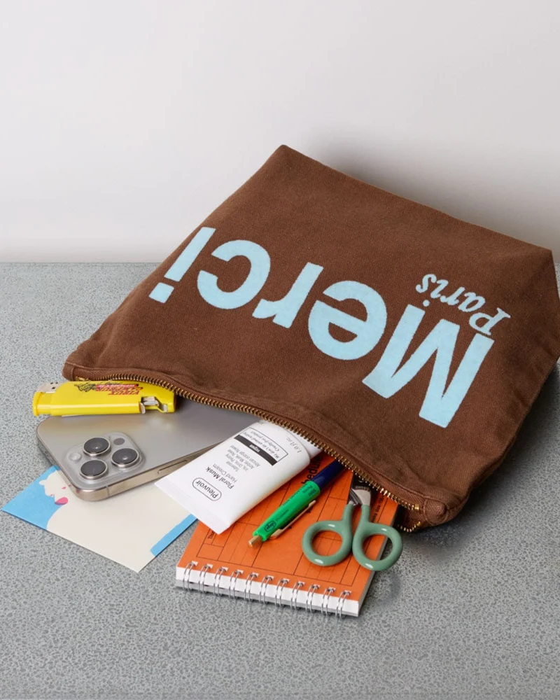 Merci - Pochette En Coton - Marron & Bleu