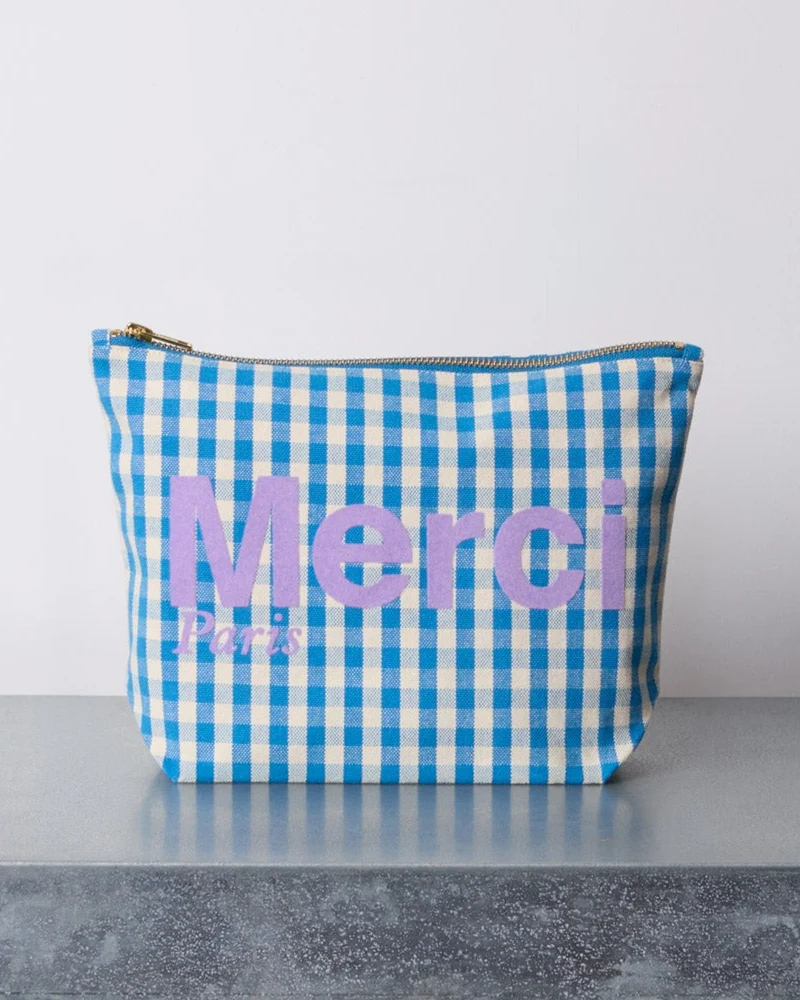 Merci - Pochette En Coton Vichy - Bleu & Ecru