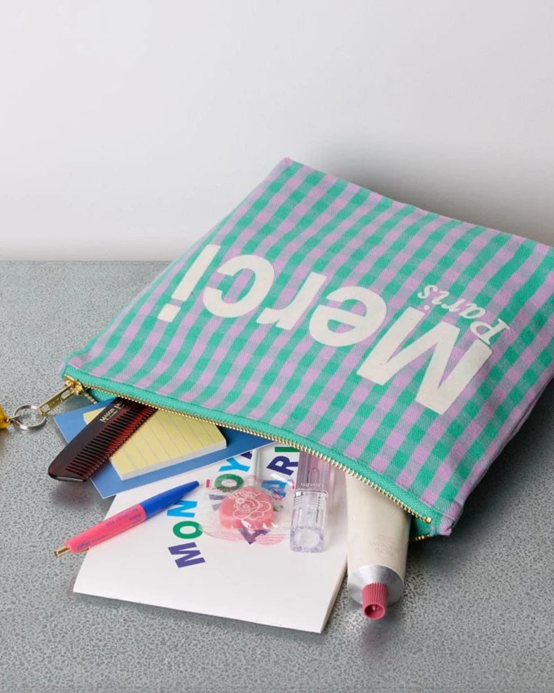 Merci - Pochette En Coton Vichy - Vert & Lila