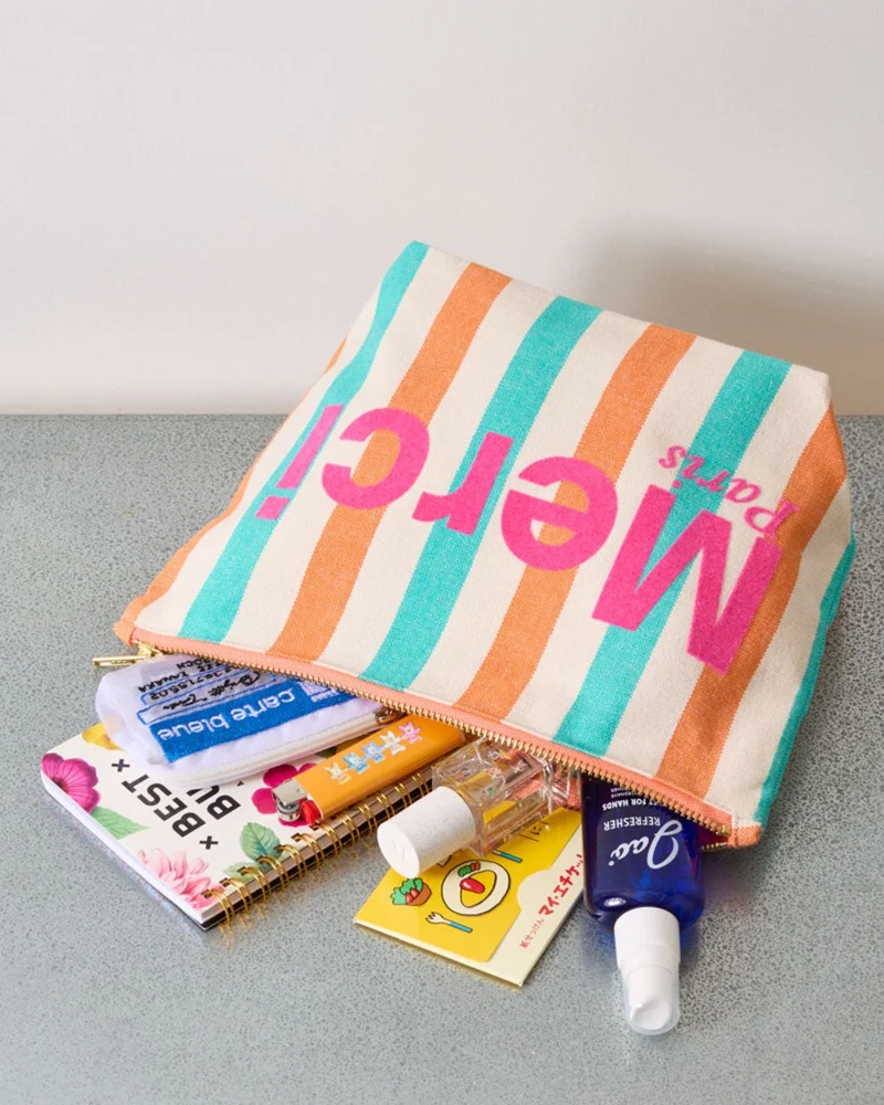 Merci - Pochette En Coton Rayé - Turquoise & Abricot