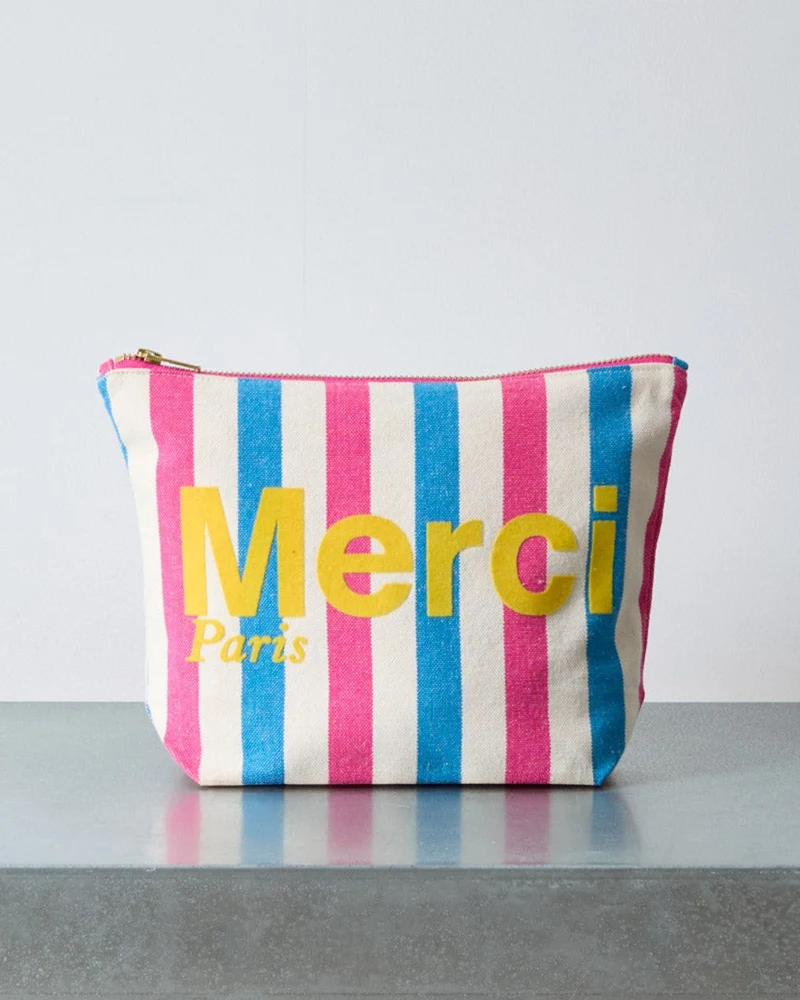 Merci - Pochette En Coton Rayé - Rose & Bleu