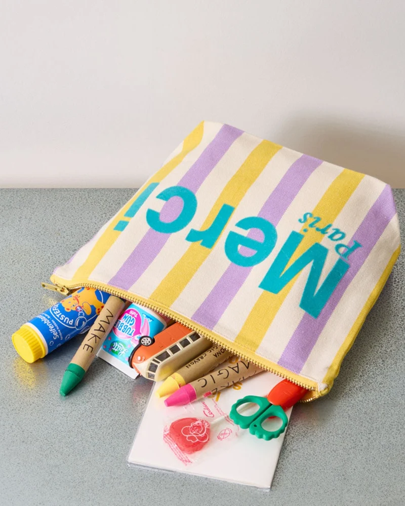 Merci - Pochette En Coton Rayé - Lila & Banane