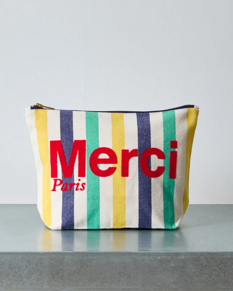 Merci - Pochette En Coton Rayé - Bleu Nuit & Banane