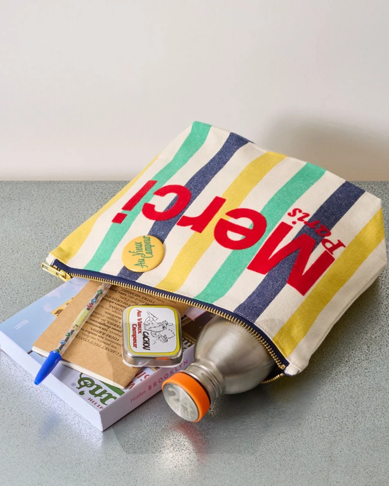 Merci - Pochette En Coton Rayé - Bleu Nuit & Banane