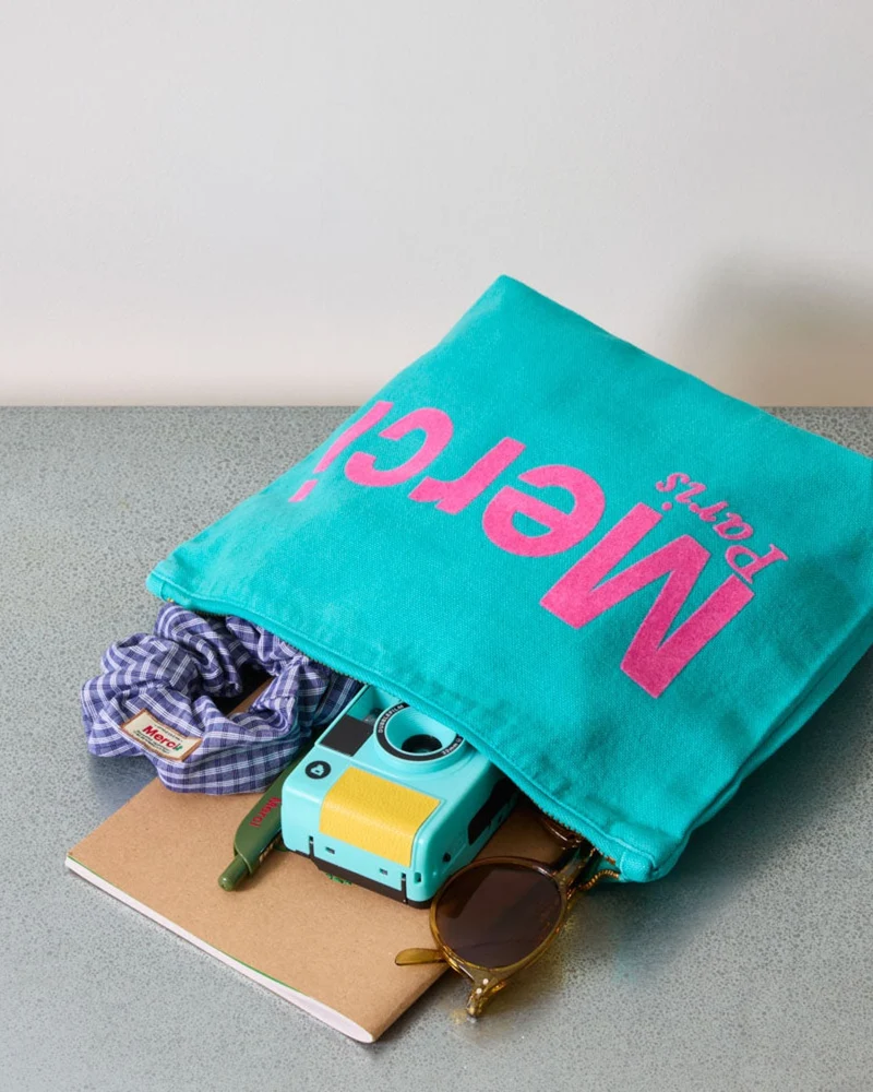 Merci - Pochette En Coton - Turquoise & Rose
