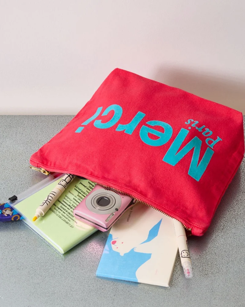 Merci - Pochette En Coton - Framboise & Turquoise