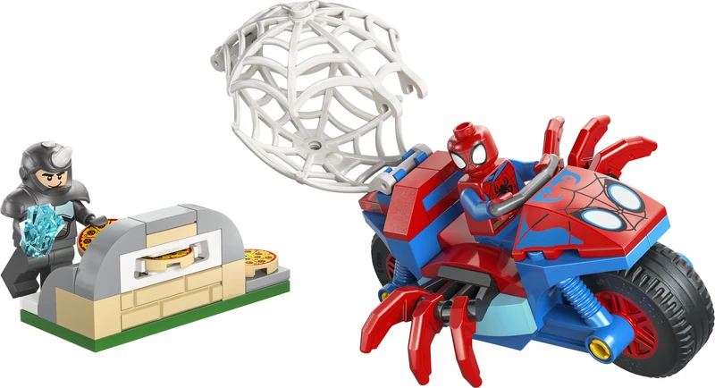 Spider-Man sur sa moto contre Rhino
