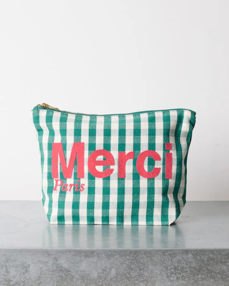 Merci - Pochette En Coton - Vert, Crème & Rose