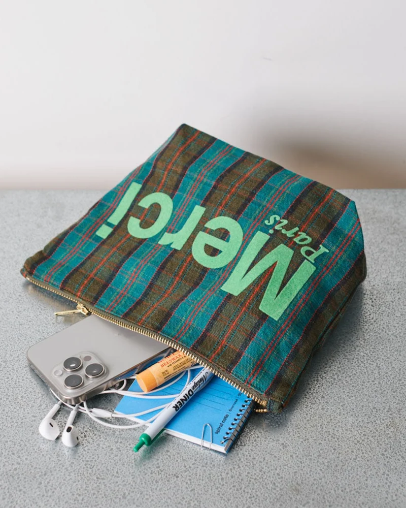 Merci - Pochette En Coton - Bleu, Marron & Vert