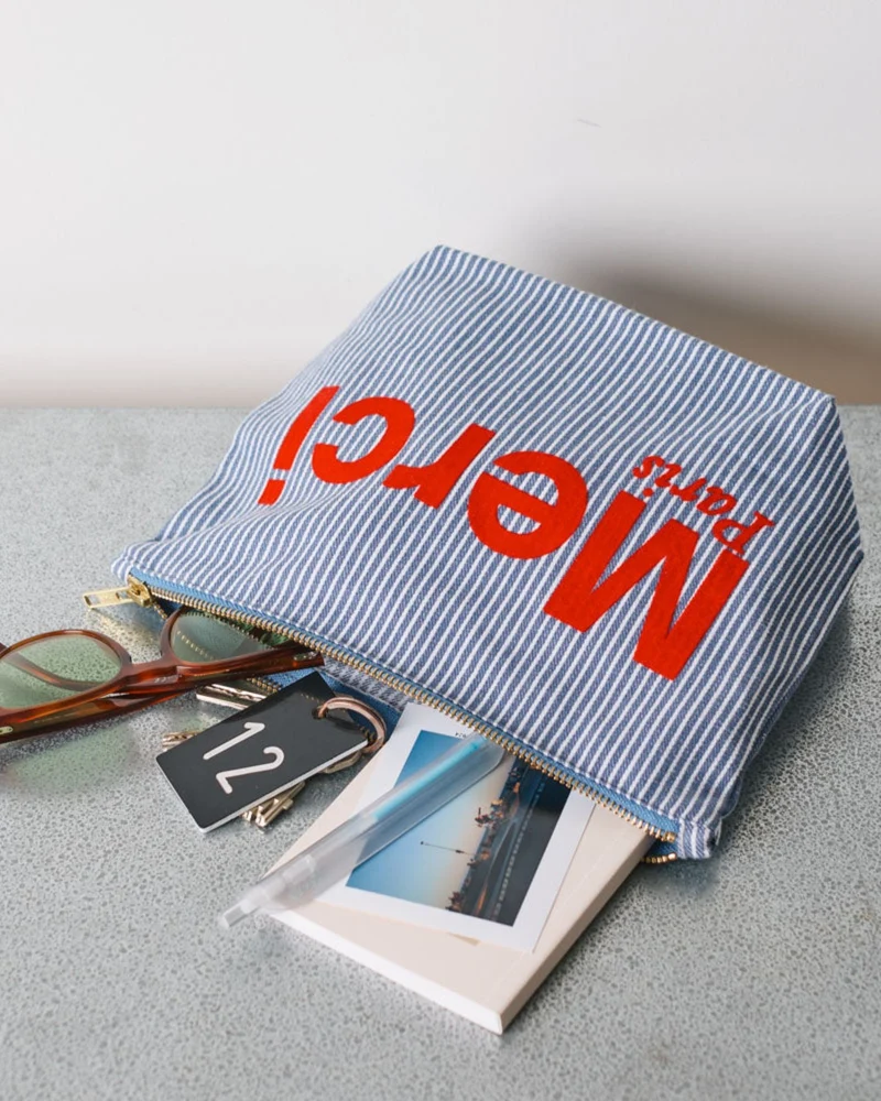 Merci - Pochette En Coton Hickory - Bleu Rayé