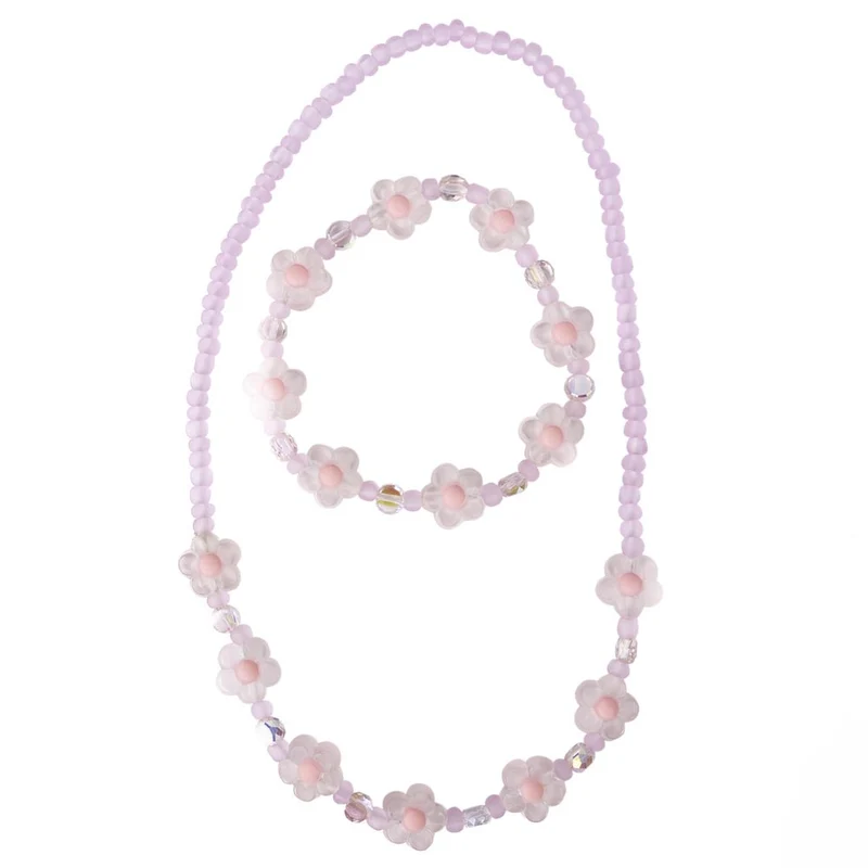 Ensemble collier et bracelet fleur de cristal rose