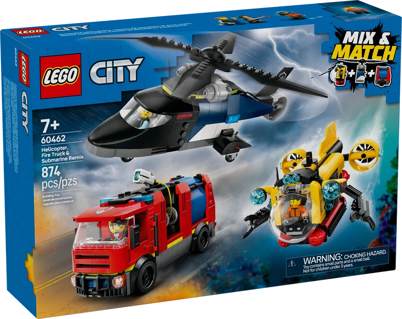 Hélicoptère, camion de pompiers et sous-marin
