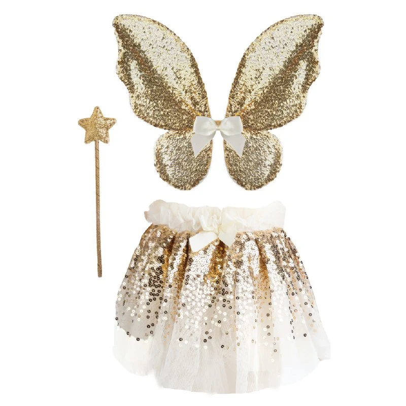 Ensemble jupe, ailes et baguette à paillettes d'or