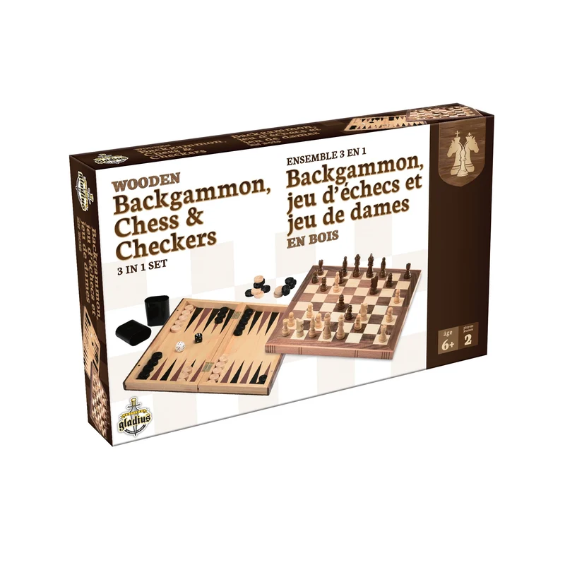 Ensemble 3 en 1 Backgammon/échecs et dames en bois